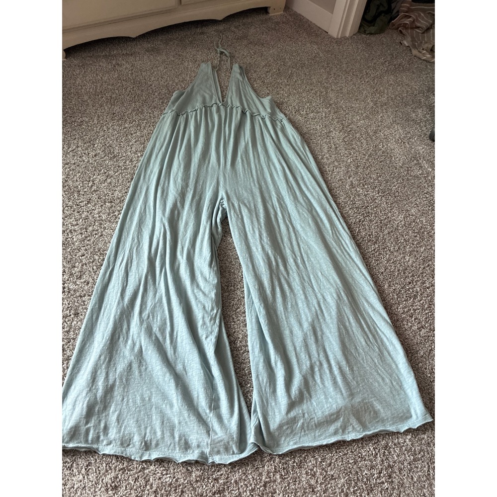 American Eagle Blue Cotton Halter Wide Leg Jumpsuit Ruffle V-Neck Romper Womens